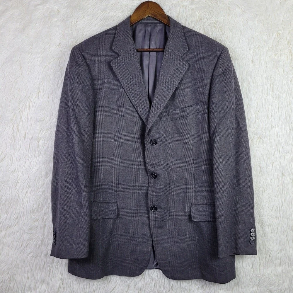 Vtg 90s Ermenegildo Zegna Grey Glen Plaid Wool Cashmere Blazer Sport Coat 42R